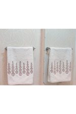 Kahve Yuvarlak Desen Nakışlı %100 Pamuk Beyaz El Yüz Havlusu 48x90 - Görsel 2