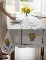 NAKIŞ İŞLEMELİ BLUE BLANC VAZO MİMOZA RUNNER 45X145 ÖLÇÜ - Görsel 2